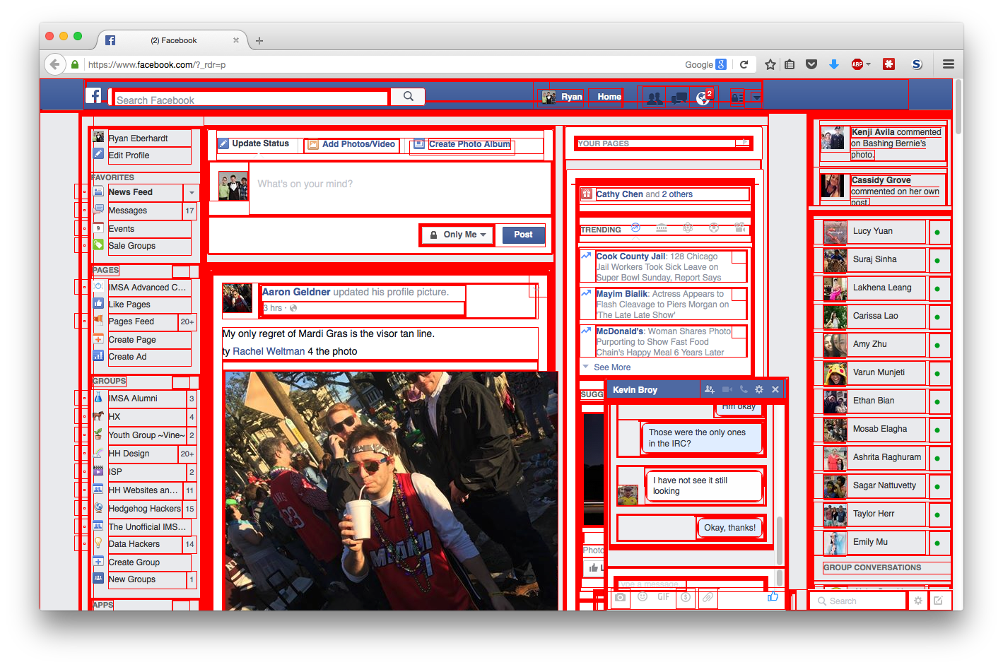 Facebook with all divs outlined in red