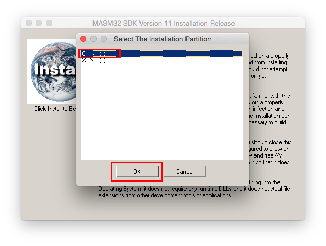 Choose C: as the installation partition